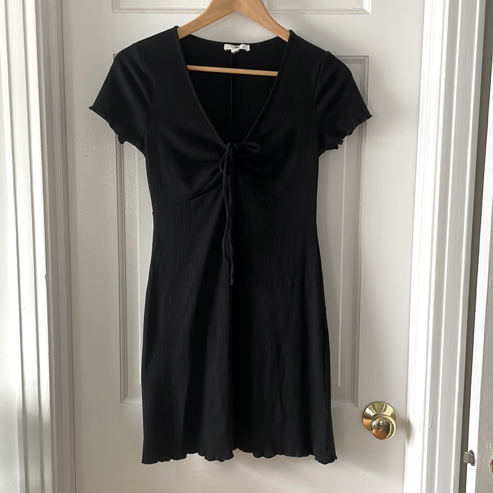 BP Ribbed Black Tie Detail Short Sleeve Mini Dress